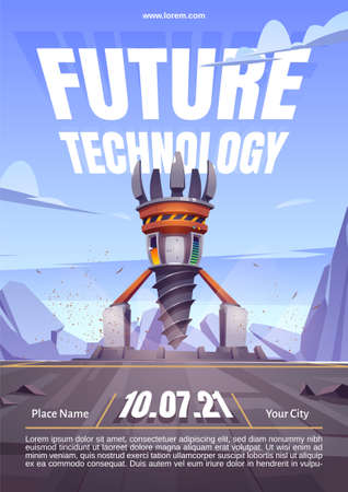 Future technology poster with drilling rig, drill ship for exploration and mining. Vector cartoon landscape with platform and derrick with auger for bore and mining groundのイラスト素材