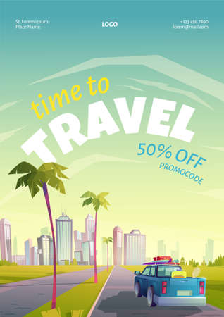 Travel coupon with summer landscape, town and car with luggage on road. Vector flyer with promocode for vacation trip. Cartoon illustration of tropical city with skyscrapers and palm treesのイラスト素材