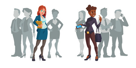 Cartoon business women caucasian and african american multiracial female characters stand out of crowd. Young businesswomen wearing formal suits holding folder and mobile, vector people illustrationのイラスト素材