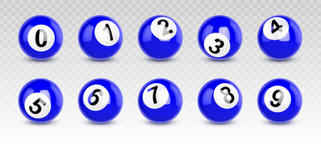 Blue billiard balls with numbers from zero to nine. Vector realistic set of shiny balls for pool game or lottery. Glossy spheres with reflection and shadows for leisure playing and sport competitionsのイラスト素材