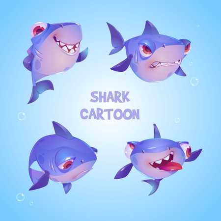 Funny shark character with different emotions. Vector set of cute cartoon mascot, predator fish smiling, angry, sad and crazy. Creative emoji set with underwater sea animalのイラスト素材