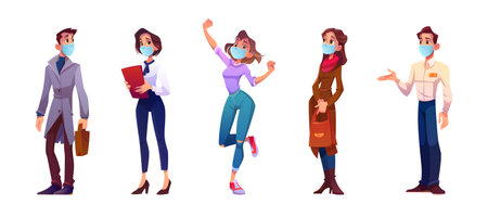 Cartoon people in face masks, young men and women characters isolated set on white background,...