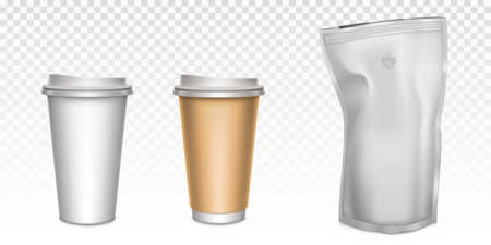 White paper cups for tea and coffee and foil zip lock bag with degassing valve. Vector realistic mockup of disposable mugs with plastic caps and brown holder for hot drinks and coffee pouch packageのイラスト素材