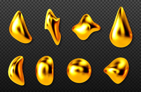 Liquid gold drops, golden 3d abstract drips of paint, cosmetics oil or collagen capsules of different shapes, metallic texture isolated on transparent background, Realistic vector illustration, setのイラスト素材