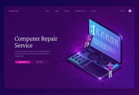 Computer repair service isometric landing page, tiny workers with ladder climb at huge laptop with error notification on screen, pc fixing, broken electronics device maintenance 3d vector web bannerのイラスト素材