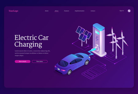 Electric car charging banner. Concept of green energy, eco technologies with renewable resources. Landing page with isometric automobile on charger station, solar panels and wind turbinesのイラスト素材