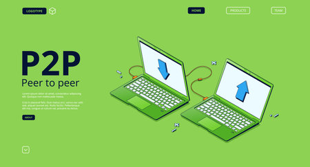 P2P network, peer to peer connection banner. Concept of distributed computing between different computers. Vector landing page of digital one-rank networking with isometric illustration of laptopsのイラスト素材