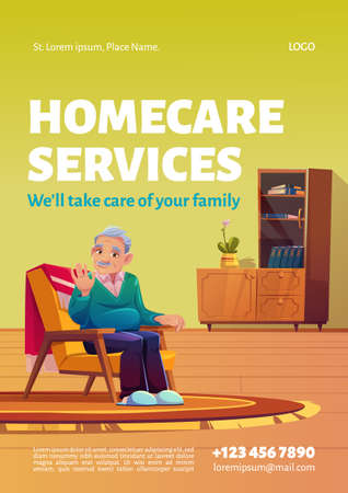 Homecare services poster. Concept of social aid and care for old patients at home. Vector flyer with cartoon illustration of happy elder man sitting in armchair in his houseのイラスト素材