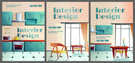 Interior design cartoon banners. Home or cafe kitchen with appliances for cooking and furniture, served table near large window, oven, range hood, designing service. Cartoon vector ad posters, flyersのイラスト素材
