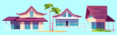 Summer houses, bungalows on sea beach, tropical hotel architecture and palm trees. Vector cartoon set of modern villas for vacation and resort on exotic island in ocean isolated on blue backgroundのイラスト素材