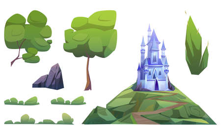 Magic blue castle and landscape elements isolated on white background. Vector cartoon set of fantasy royal palace with towers on hill with road, green trees, bushes and stonesのイラスト素材