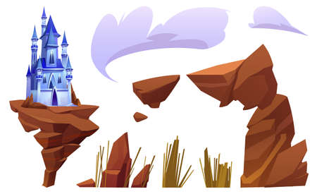 Fantasy blue castle and landscape elements isolated on white background. Vector cartoon set of magic royal palace with towers on rock, brown stones, mountain, grass and cloudのイラスト素材