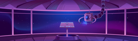 Spaceship control center, captain cabin interior with datacenter hud panel and large windows cosmos view. Futuristic alien orlop, cockpit in spacecraft, interstellar rocket Cartoon vector illustrationのイラスト素材