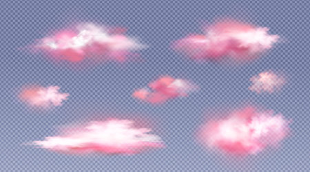 Pink clouds in sky at morning or sunset isolated on transparent background. Vector realistic set of fluffy clouds in air, pink smoke or fog in heaven at sunrise or eveningのイラスト素材