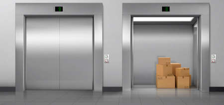 Cargo elevators with closed and open doors in hallway. Vector realistic empty modern interior with lifts, cardboard boxes in cabin, metal panel with buttons and floor display on wallのイラスト素材