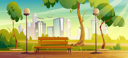 City park with green trees and grass, wooden bench, lanterns and town buildings on skyline. Vector cartoon summer landscape with empty public garden, birds and sun beamsのイラスト素材