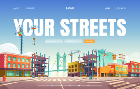 Your streets banner. Construction and repair buildings in city. Vector landing page of town architecture with cartoon cityscape with unfinished build of houses, empty road and overpassのイラスト素材