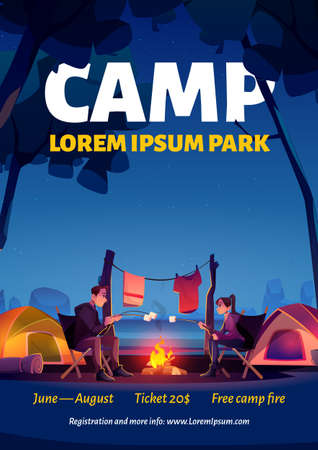 Summer camp in nature park poster. Vector flyer with cartoon landscape of river, forest, tents and people roast marshmallows on fire. Campsite banner with bonfire on lake shoreのイラスト素材