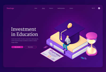 Investment in education banner. Student loan, cost of study in college or university. Vector landing page of invest in tuition with isometric books, money, graduation cap and man with laptopのイラスト素材