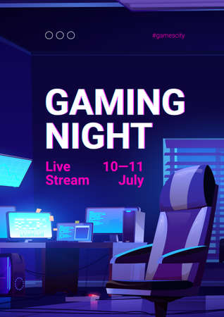 Gaming night poster, video game live stream. Vector banner of online multiplayer tournament with cartoon illustration of players room with chair, computer and monitors on deskのイラスト素材