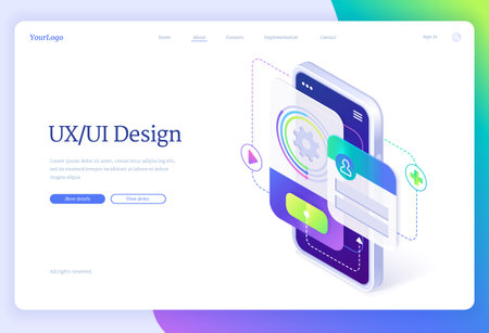 Ui and ux design, user experience, isometric landing page, mobile phone with application layouts,...