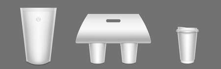 Package for coffee, paper cups in carton holder, mug with closed plastic lid, doypack with holes for trying aroma. Street take away blank packaging for hot drinks, Realistic 3d vector mockup setのイラスト素材