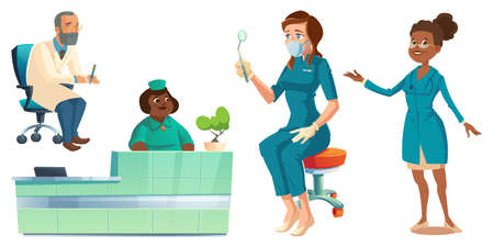 Hospital healthcare staff set, doctors, nurses and receptionist characters in medical robes holding medic stuff. Clinic personnel, medicine profession occupation. Cartoon people vector illustrationのイラスト素材