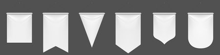 White pennant flags mockup, blank vertical banners on flagpole with rounded, straight, pointed and double edges. Isolated medieval heraldic empty ensign templates. Realistic 3d vector illustration setのイラスト素材