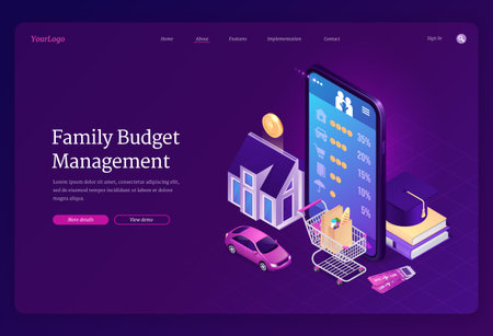 Family budget management isometric landing page. Mobile phone application for financial planning, money income and expenses analytic. Mobile, trolley, car, house and education 3d vector web bannerのイラスト素材