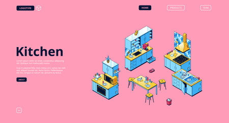 Kitchen banner. Modern furniture and cooking appliances for house kitchen. Vector landing page with isometric illustration of cupboards, shelves, stove, microwave oven, sink and refrigeratorのイラスト素材