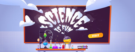Science lab banner for study and chemistry experiments for kids. Vector landing page of education presentation of scientific research. Cartoon illustration of chemical laboratory with flasks and tubesのイラスト素材