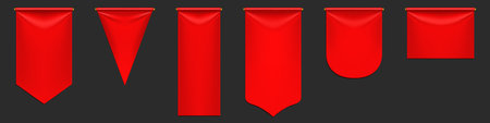 Red pennant flags mockup, blank hanging banners with rounded, pointed and straight edges. Medieval heraldic ensign template, scarlet canvas. Realistic 3d vector icons isolated on black background, setのイラスト素材