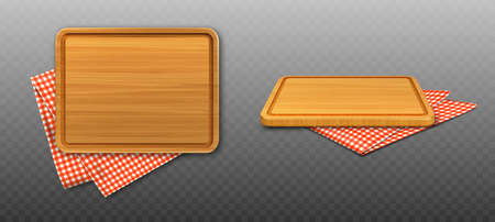 Wooden cutting board and red plaid tablecloth isolated on transparent background. Vector realistic set of 3d rectangle wood plank for cut food and folded table cloth with gingham patternのイラスト素材