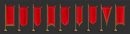 Red long pennant flags with golden tassel fringe isolated on transparent background. Vector realistic template of blank textile pennons different shapes on gold pillarsのイラスト素材