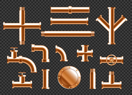 Copper water pipes, plumbing pipeline elements with taps, valve and connectors isolated on transparent background. Vector realistic set of 3d brass tubes for plumbing or drain systemのイラスト素材