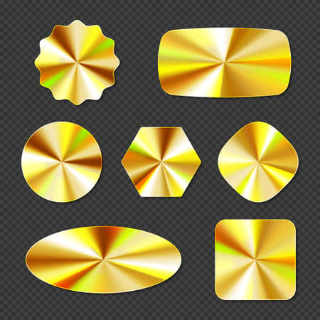 Gold holographic stickers, hologram labels different shapes. Round, square, oval, rhombus, hexagon and wavy iridescent foil or golden colored blank shiny emblems, Realistic 3d vector illustration, setのイラスト素材