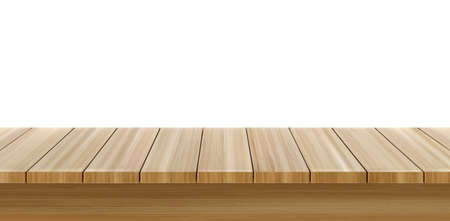 Wooden table foreground, wood tabletop front view, light brown rustic countertop surface. Outdoor dining desk plank texture isolated on white background, Realistic 3d vector illustration, mock upのイラスト素材