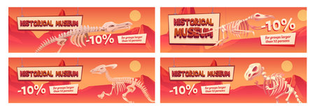 Historical museum promo banner with dinosaur skeletons. Discount coupons with ten percent off for large groups visit. Educational program, prehistory paleontology studying, Cartoon vector flyers setのイラスト素材