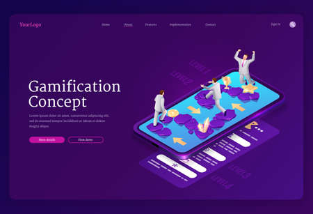 Gamification banner. Concept of game strategy in business and education process, fun online challenge for achievement success. Vector landing page of mobile app for contest or competitionのイラスト素材