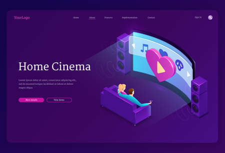 Home cinema isometric landing page. Family sitting on sofa watch huge tv with dynamics system in living room. Couple man and woman on couch front of glowing television screen, 3d vector web bannerのイラスト素材
