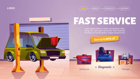 Fast car service banner. Auto maintenance, diagnostic and repair center. Vector landing page with cartoon interior of mechanic garage, vehicle workshop with car on liftのイラスト素材