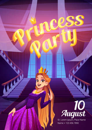 Princess party cartoon flyer with girl in crownのイラスト素材