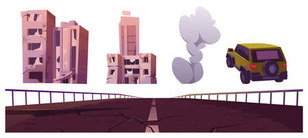 Destroyed city buildings, old cracked road and carのイラスト素材