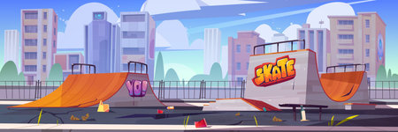 Old skate park with broken ramps and cracked roadのイラスト素材