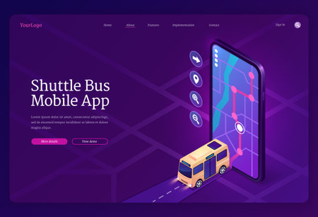 Shuttle bus mobile app isometric landing pageのイラスト素材