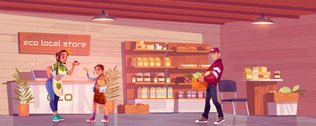 Local eco store with customer, vendor and porterのイラスト素材