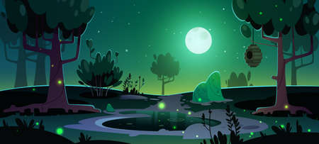 Summer landscape with trees, pond and beehiveのイラスト素材