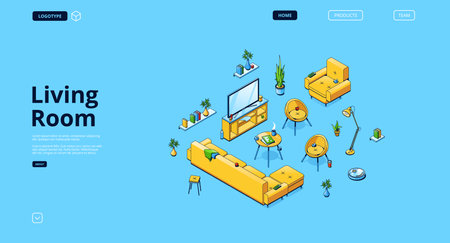 Living room design banner with isometric interiorのイラスト素材