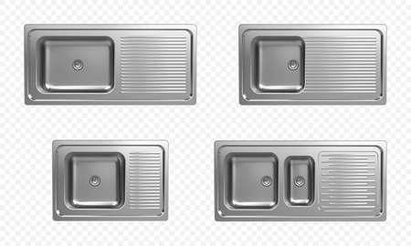 Realistic set of stainless kitchen sinks top viewのイラスト素材