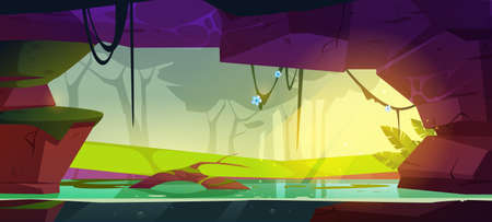 Cave with water in rock in jungle forestのイラスト素材